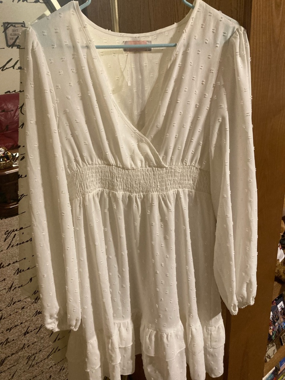C+D+M White V-Neck Smocked Waist Women's Flowy Dress